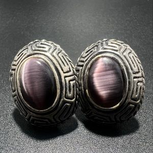 Vintage Purple Cats Eye Clip On Earrings Greek Key Design Silver Tone Etched